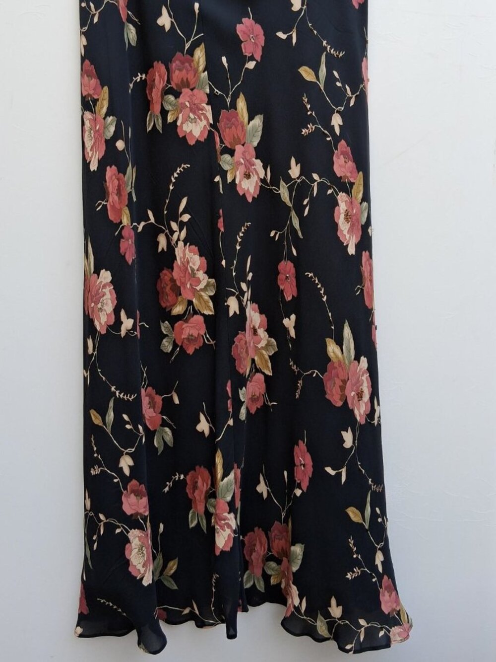 Vintage CASUAL CORNER silk with beads maxi skirt, floral pink on black (size 12)